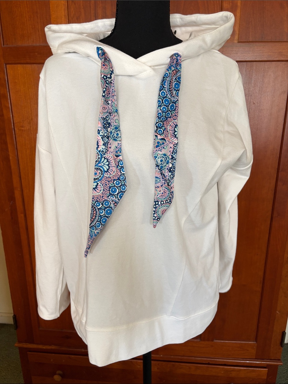 Talbots White Hoodie with Blue & Pink Patterned Drawstrings